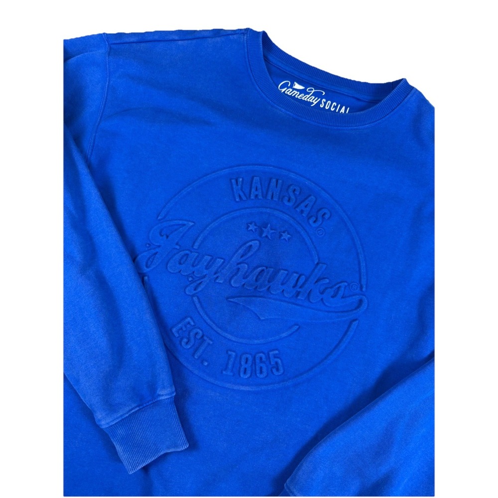 KU Jayhawks Gameday Social Sweatshirt Mens L Blue Embossed Crewneck Faded Look - Picture 2 of 6